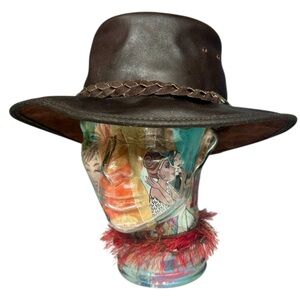 BC Hats Australian Brown Leather Outback Hat Genuine Steer Hide Size Large